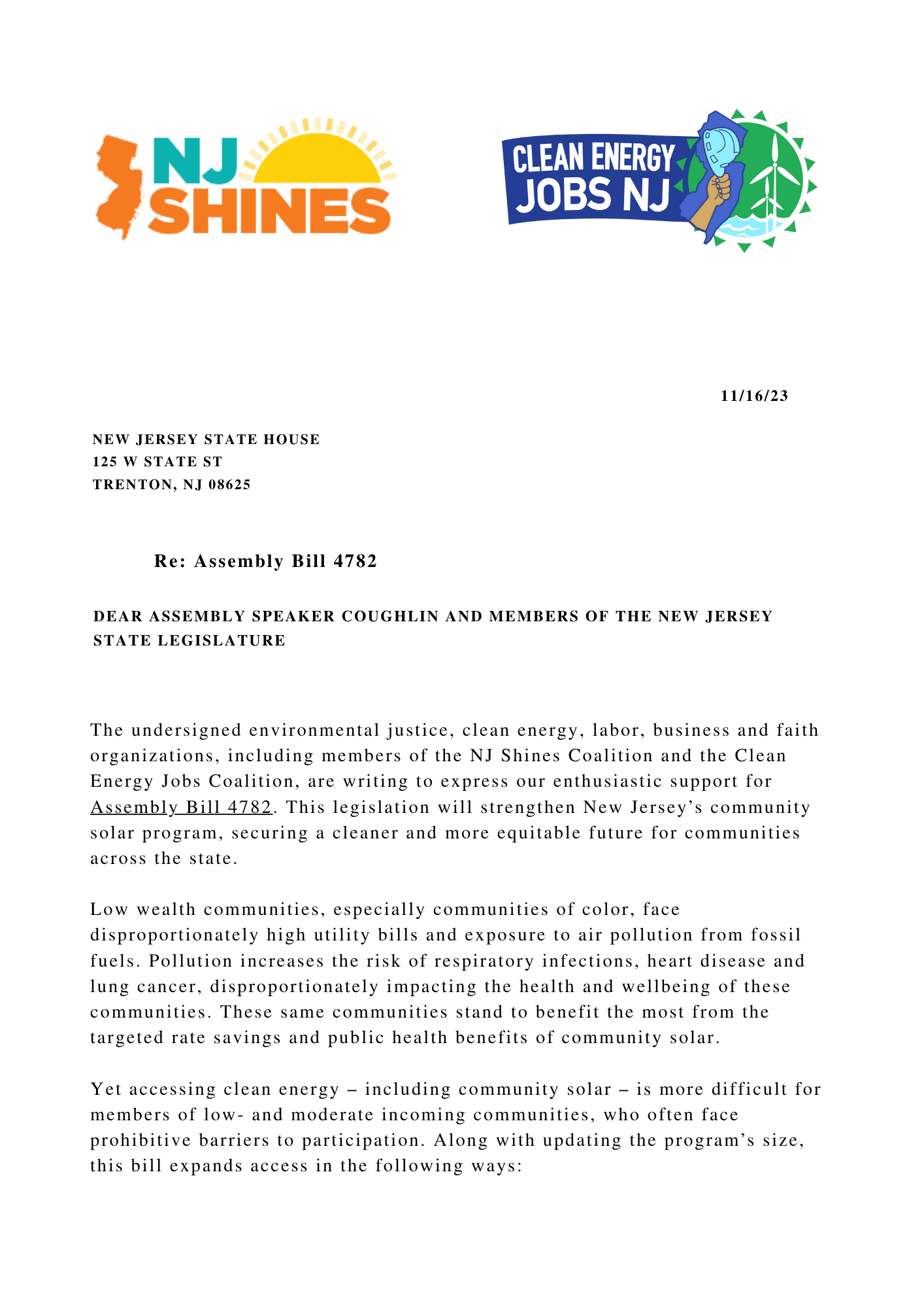 First page - letter on community solar