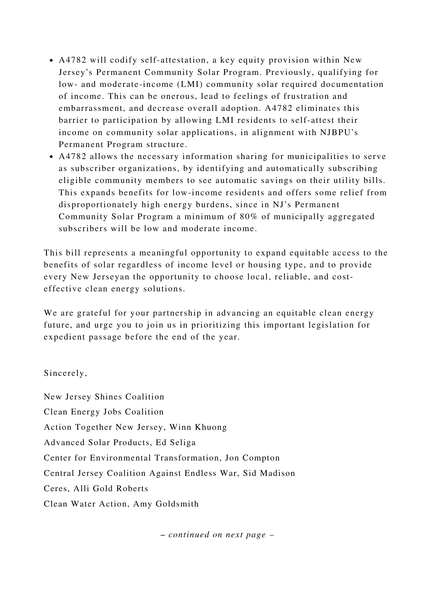 Second page - letter on community solar